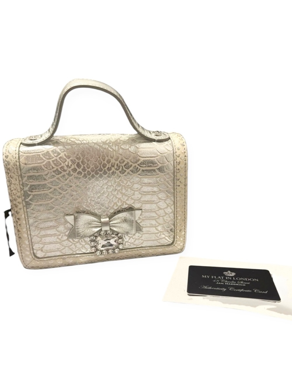 My Flat In London Silver Crystal Embellished Bow Chain Shoulder Strap & Dusty NW